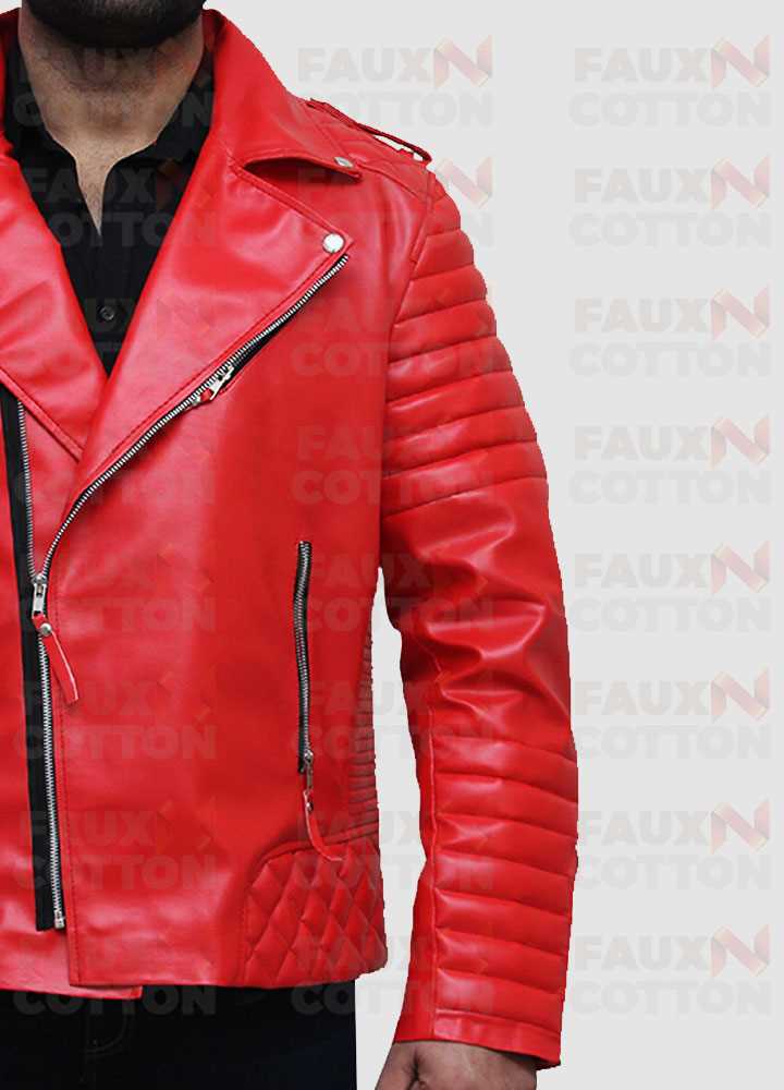 Slim Fit Red Quilted Biker Faux Leather Jacket